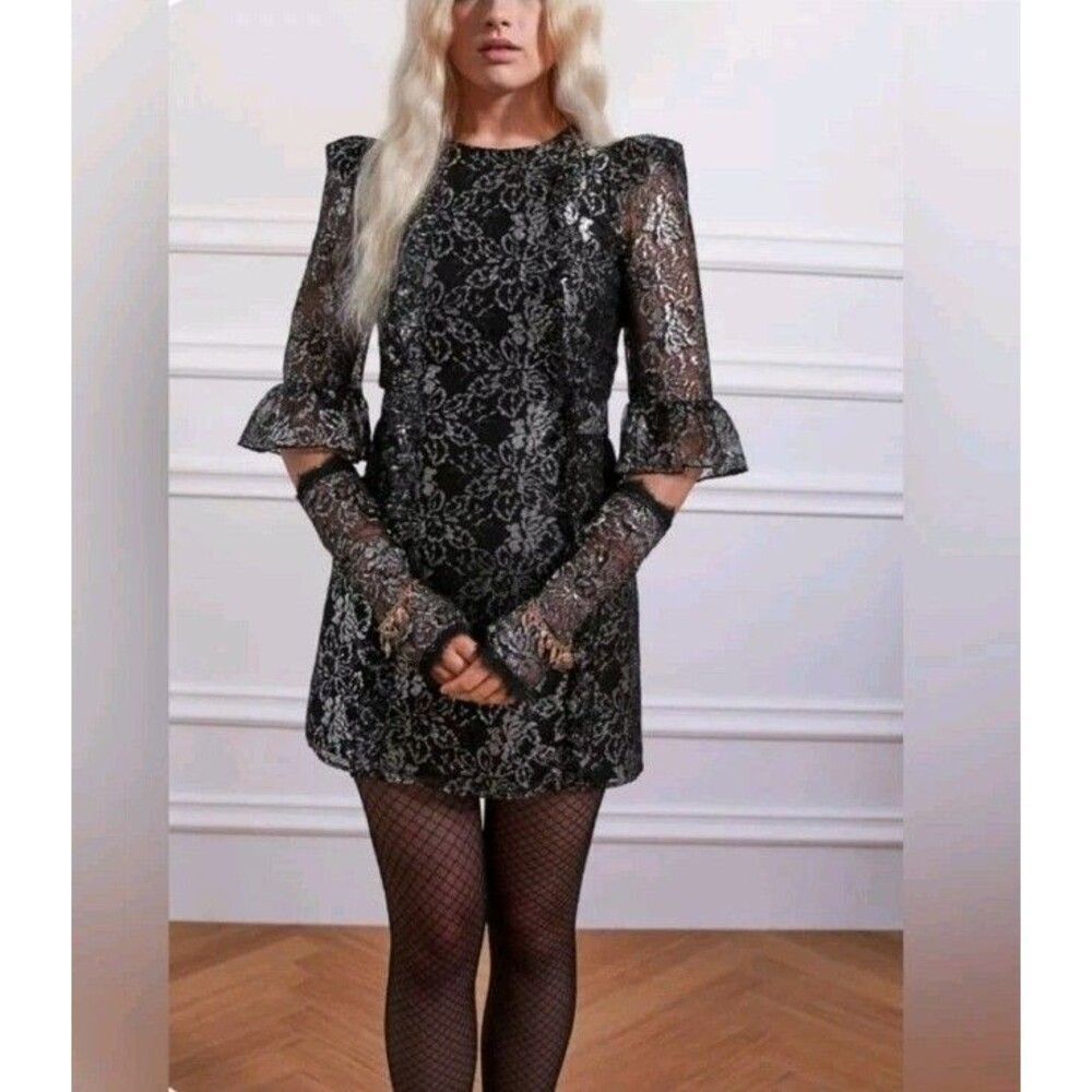 Vampire's Wife X H&M Dress Xs Mystique Silver Black Metallic Lace Goth New